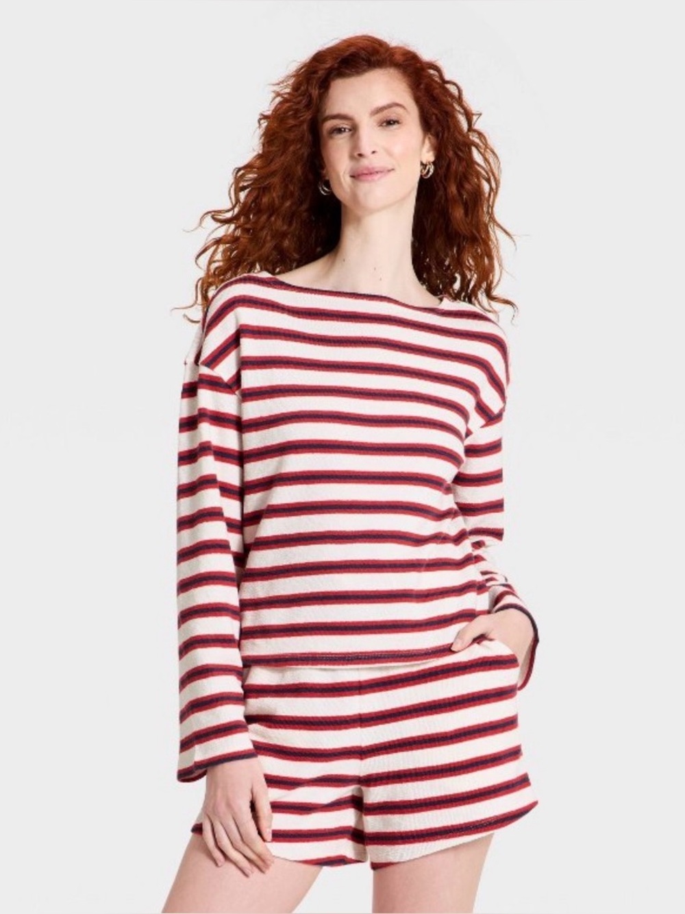 Universal Thread Long Sleeve Tee Red Blue Cream Striped Boat Neck Top size small